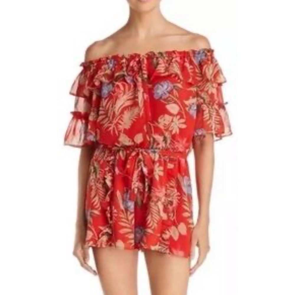 WAYF Floral Off-Shoulder Romper Red